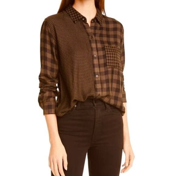 beachlunchlounge Mixed-scale gingham plaid patterns billowy long sleeve shirt - Picture 1 of 6